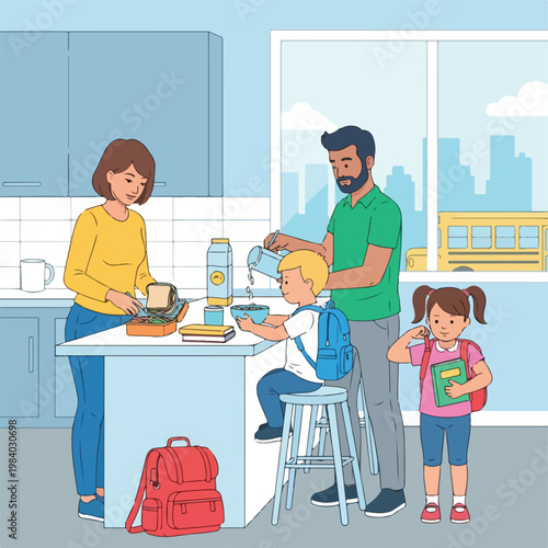 Family Preparing For School Morning.