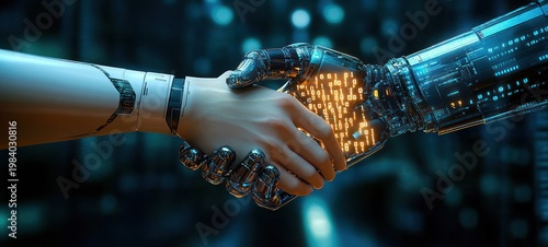 human-like prosthetic hand and illuminated robotic hand shaking with glowing circuitry and binary digits, conveying trustful partnership and futuristic technological connection