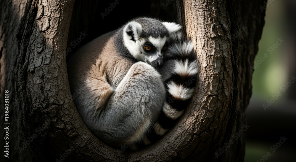 Fototapeta premium A ring-tailed lemur curled up and resting comfortably inside a hollow tree trunk in a shaded forest area