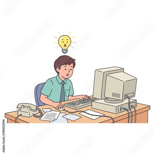 Man sitting at office desk with computer and phone having an idea