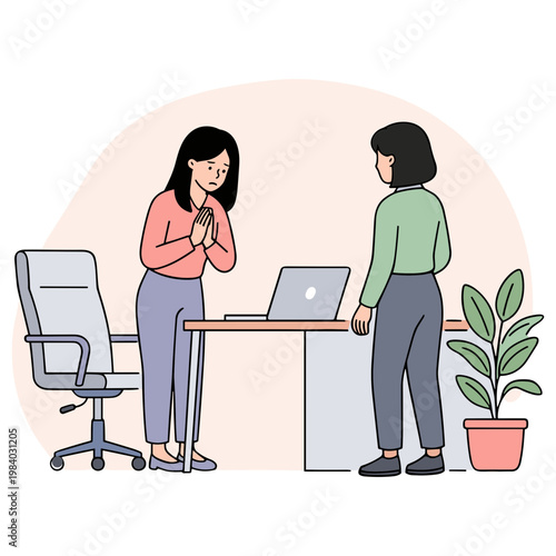 Two women interact in a modern office setting with a laptop and chair