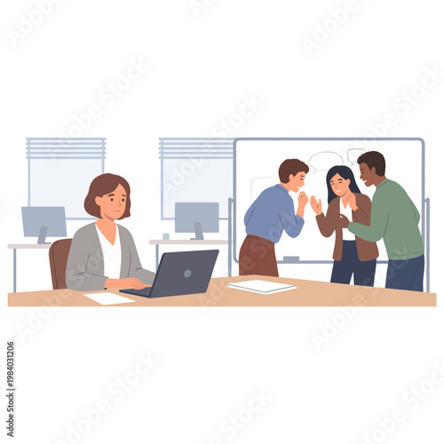 People interacting in office with coworkers discussing and woman working