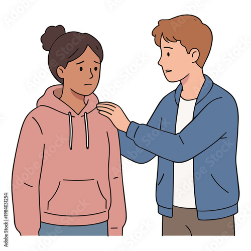 A man comforts a worried woman with his hand on her shoulder indoors.