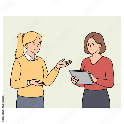 Two women discuss and interact with digital tablet in office setting