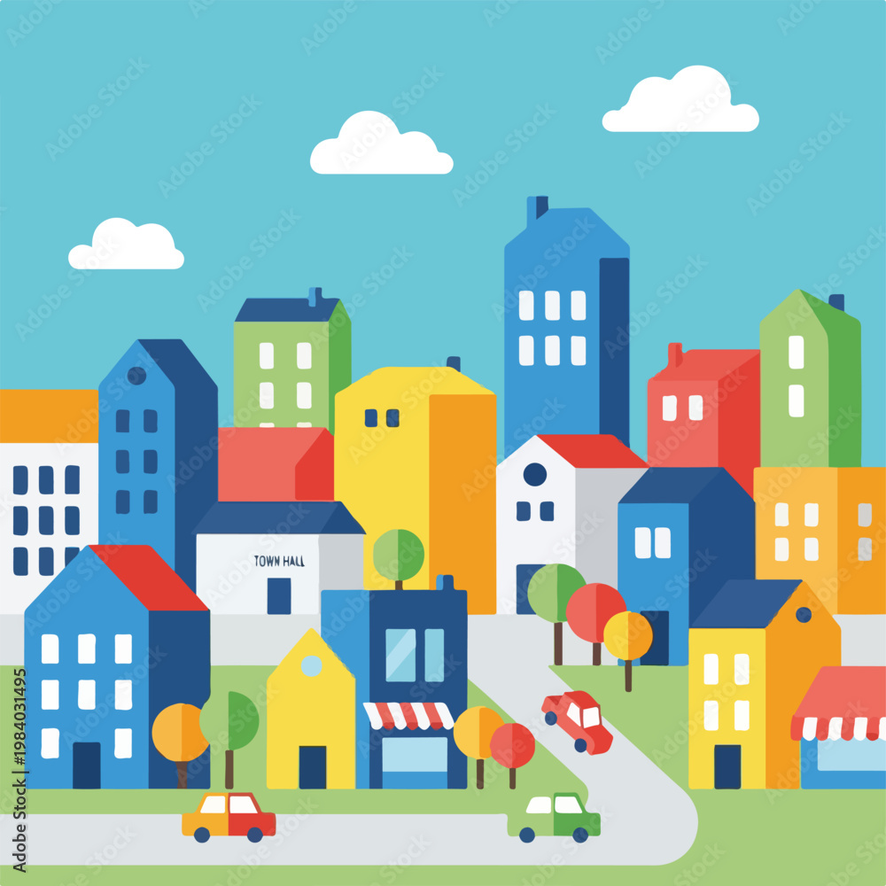 Fototapeta premium Colorful cartoon city buildings houses.