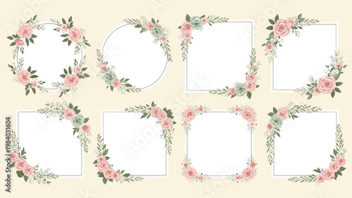 Collection of various floral frames and borders decorated with delicate pink and blue roses and green leaves.