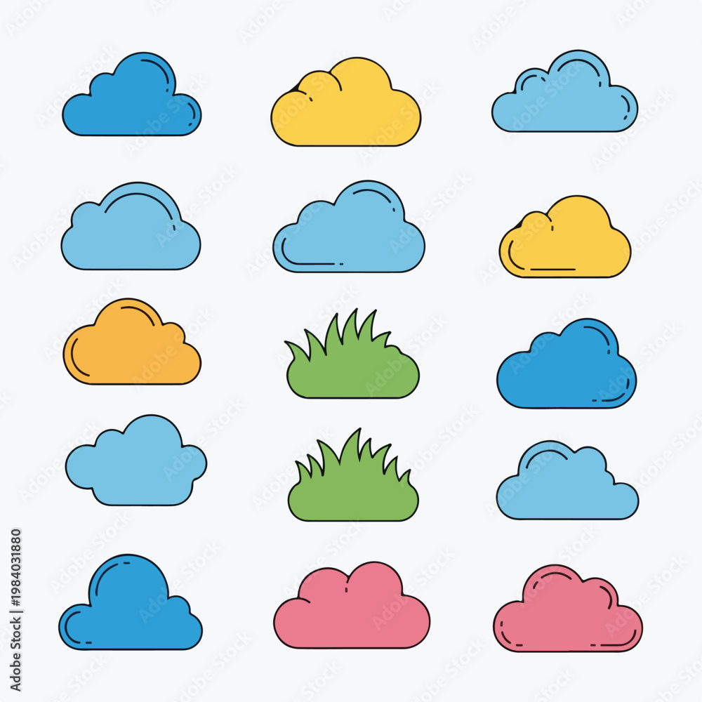 Obraz premium Colorful cartoon cloud shapes icons set.