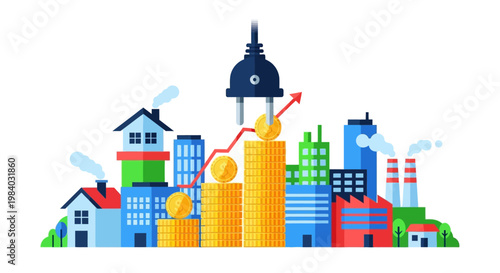 A vector illustration depicting energy inflation with stacks of coins and an electrical plug above a cityscape, with a rising red arrow indicating price increases against a clean white