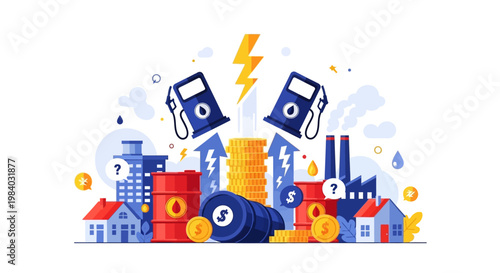 Whimsical vector art depicting energy inflation, featuring stylized icons of gas pumps and rising prices against a clean white background, reflecting global commodities issues in a colorful