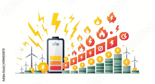 A vector art illustration depicts escalating energy inflation, shown as increasing stacks of coins being consumed by flames, with a battery and wind turbines set against a clean white