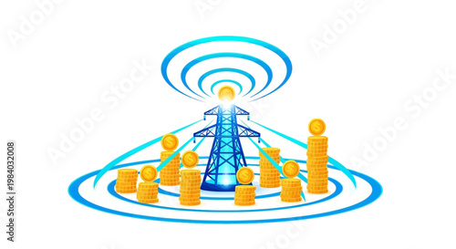A vector art illustration depicts stylized people figures standing around a blue transmission tower in a bright, minimalist composition, symbolizing global business needs and communication