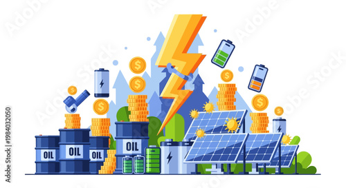 Bright vector illustration depicting global energy inflation with stacks of coins, oil barrels, solar panels, and batteries arranged against a white background with a bold lightning bolt