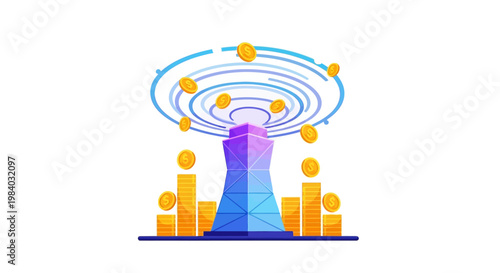 A vector art illustration shows a stylized energy tower with rising commodity prices, illustrated by gold coins floating in a vortex, set against a clean white background, conveying a sense