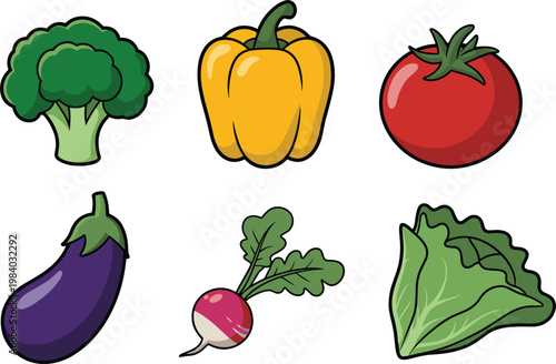 Vegetable icons set, broccoli pepper tomato eggplant radish lettuce vector illustration for healthy food