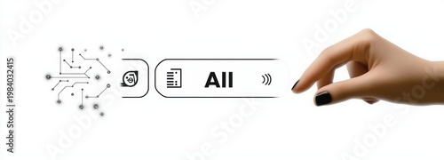 manicured hand reaching to tap a rounded all selection button beside a list icon and circuit-like network of dots, conveying focused anticipation