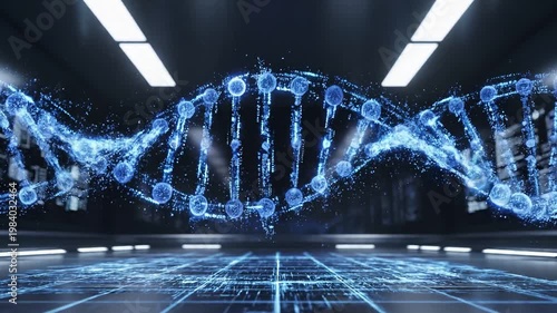 Futuristic dna strand animation in a high tech laboratory with glowing blue holograms 4k video