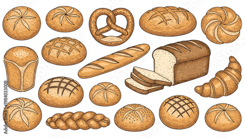 Large assorted bread collection with baguette pretzel croissant sourdough and sliced loaf for bakery or cafe menu.