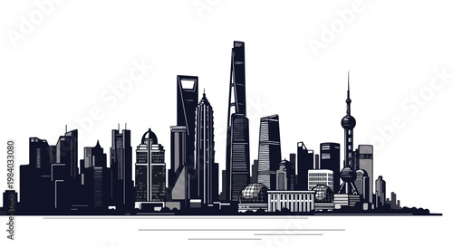 Monochromatic silhouette of a modern city skyline with various skyscrapers and buildings against a white background.