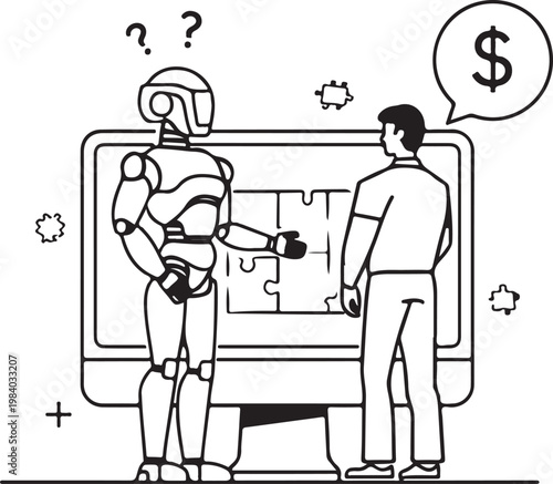 Line art illustration of a robot and a person discussing financial value and puzzle problem solving Vector, illustration