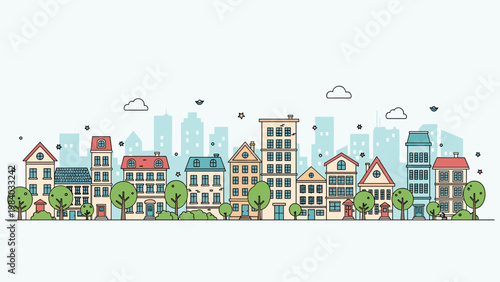 Colorful flat city landscape illustration with various houses apartments trees and clouds under a clear sky.