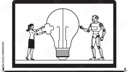 A businesswoman and a robot work together to assemble a large light bulb puzzle on a laptop screen. Vector, illustration