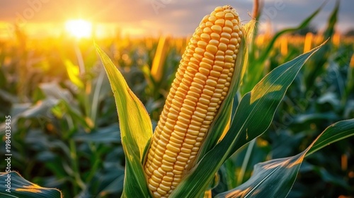 close-up ear of corn in a sunlit green cornfield at golden sunset, warm serene harvest mood