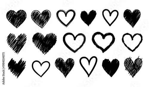 Hand Drawn Black Heart Icons Set with Scribble Sketch Love Symbols Creative Vector Collection