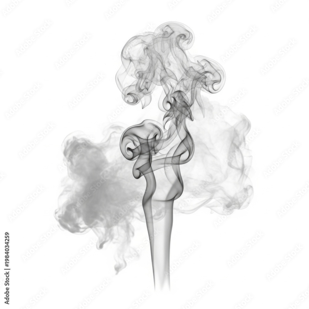 Fototapeta premium Wispy gray smoke plume rising against a solid white background