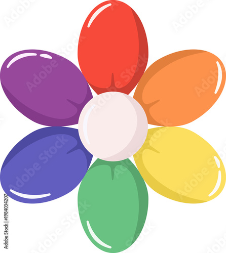 Vibrant Rainbow Flower Illustration, Cute Glossy Pride Petals Design, Colorful Floral Symbol for LGBTQA Diversity and Equality Isolated