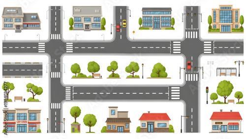 Top-Down Urban City Block Infrastructure Set – Flat Vector Scalable Landscape with Buildings, Roads, Crosswalks, Trees, Street Lamps and Urban Elements Isolated on White Background