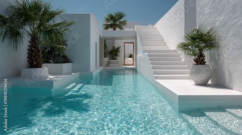 Diseño minimalista de piscina con reflejos cristalinos y elegante sombra de palmera proyectada sobre agua turquesa.