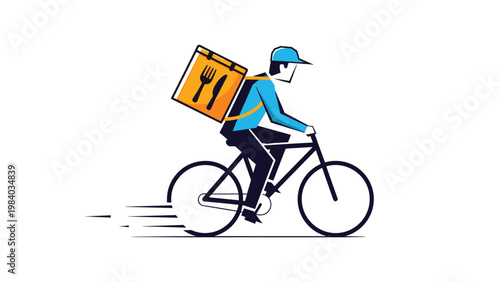 Illustration of a delivery man riding a bicycle with a large orange thermal food delivery box on his back.
