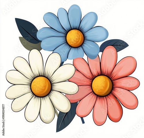 Three cheerful daisy-like flowers with blue, cream, and coral petals, golden centers and dark green leaves in a bright playful illustration