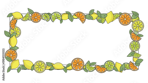 Horizontal rectangular frame made from a colorful mix of orange, lemon, and lime slices with green leaves.