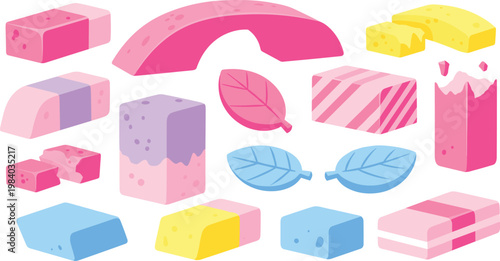 Colorful Candy and Sweets Collection with Different Shapes Flavors and Pastel Confectionery Pieces Dessert Food Vector Illustration Set