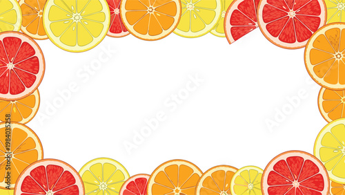 Bright and colorful frame made of sliced oranges lemons and grapefruits arranged around a central white copy space area for summer designs.