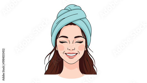 Portrait of a young smiling woman with eyes closed wearing a light blue spa towel wrapped around her head on a white background.