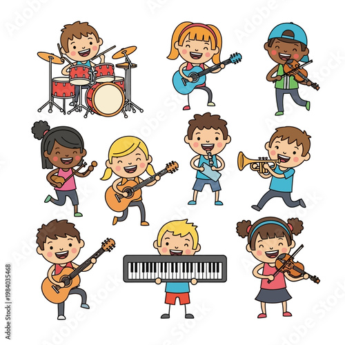 Children Playing Musical Instruments Together.
