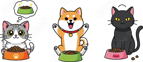 Cute Pet Feeding Collection with Cats and Dog Eating Food Bowls Adorable Animal Cartoon Character Vector Illustration Set
