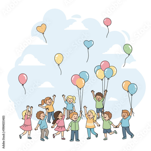 Children playing with colorful balloons outside.