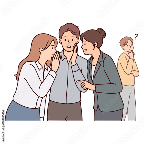 Two women gossip to a man while another man looks on confused