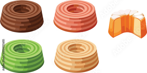 Baumkuchen Cake Collection with Chocolate Strawberry Matcha and Vanilla Flavors Japanese Layered Dessert Vector Illustration Set