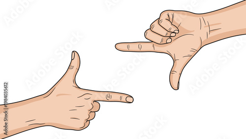 Perspective view of two hands making a rectangular framing gesture with fingers against a plain white background for composition.