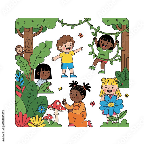 Diverse children playing together outdoors happily.