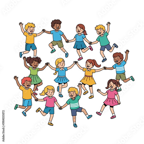 Diverse group of happy children playing.