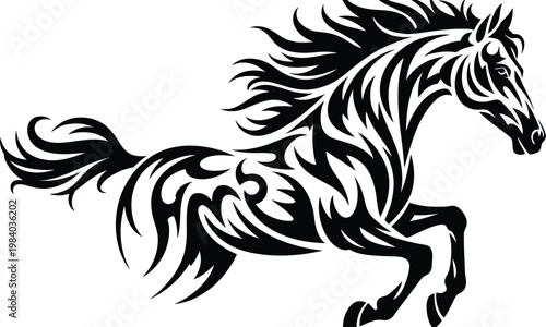 Horse power, abstract flame bust artwork, stylized horse head with fiery contours and fluid motion lines, representing power, agility, and intensity, bold graphic suitable for logos, racing themes, 