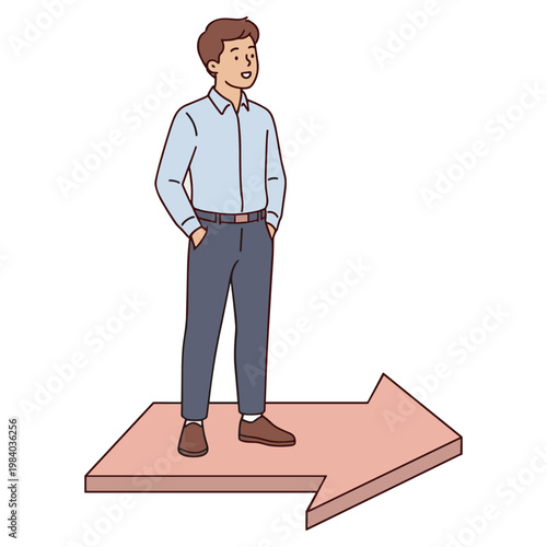 Man standing on a large arrow looking ahead confidently outdoors