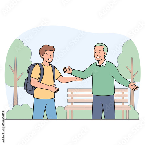 Man and older man shaking hands in park with trees and bench