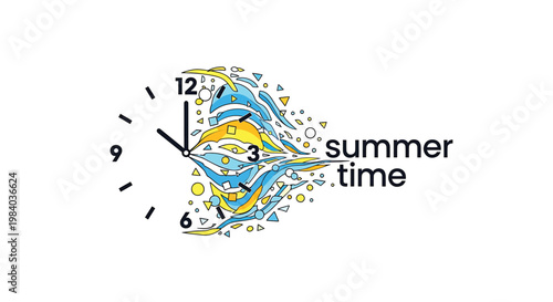 Summer Time, Clock, Abstract, Yellow Blue Swirl, Seasonal Icon