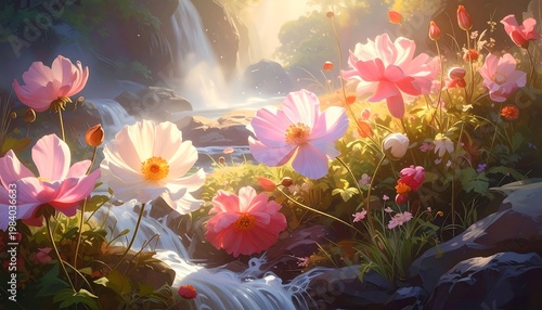 A serene landscape with a small waterfall surrounded by vibrant flowers